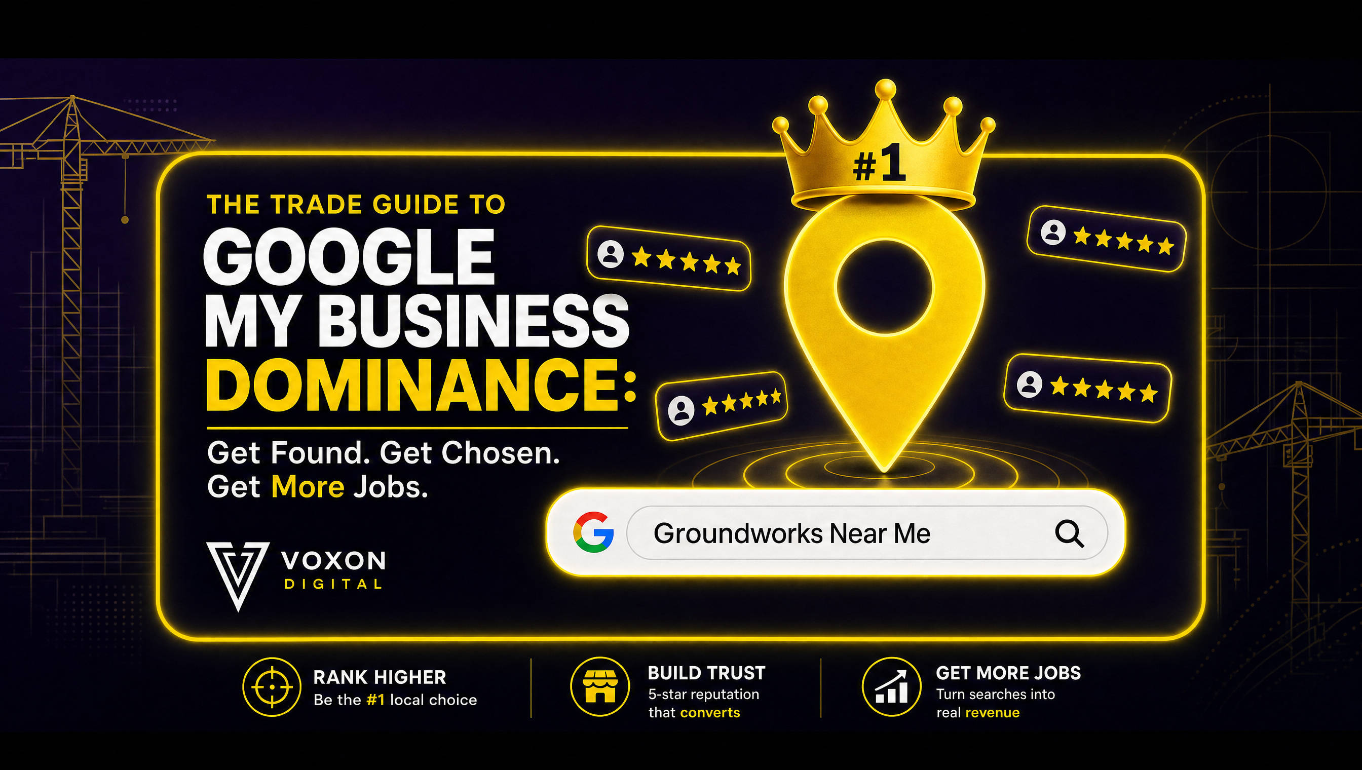 Graphic titled 'The £500k Google Map Pin: Rank #1 on Google Maps in 20 Mins a Week' featuring a purple background, electric yellow Google map pin, 5-star review icons, and Voxon Digital branding.